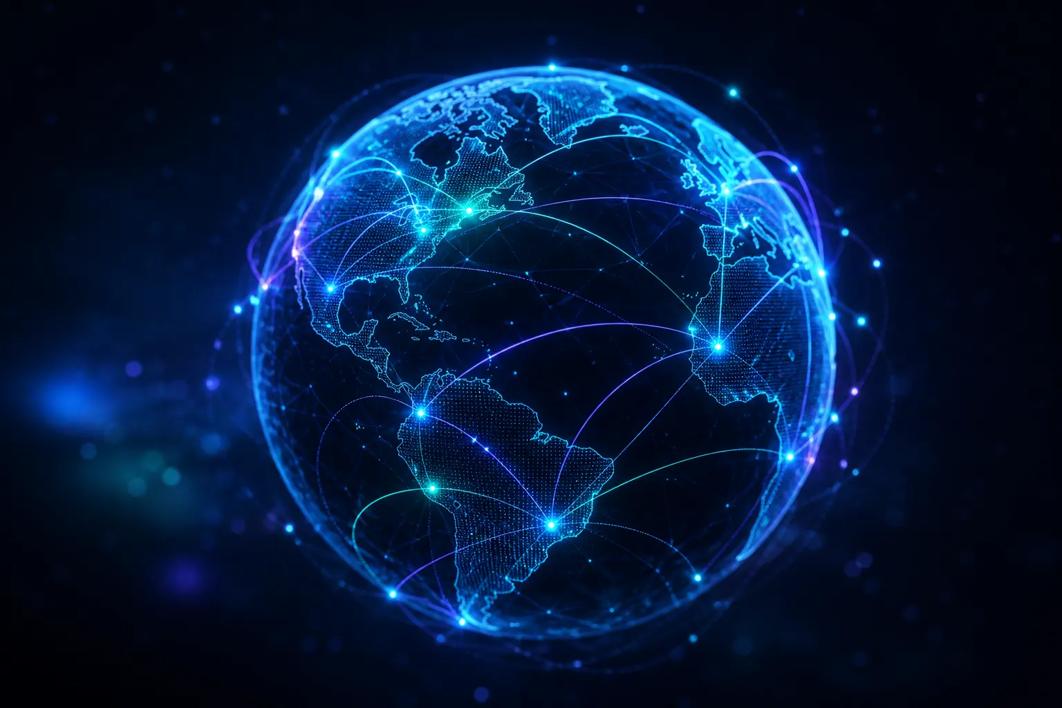 Global smart routing network: glowing wireframe Earth with cross-continent connection arcs