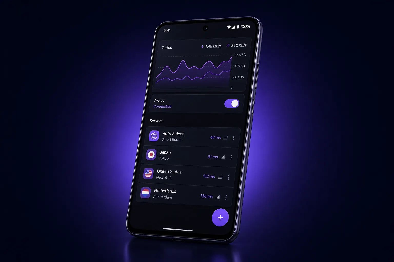 V2flyNG Android client UI preview: traffic charts and server management